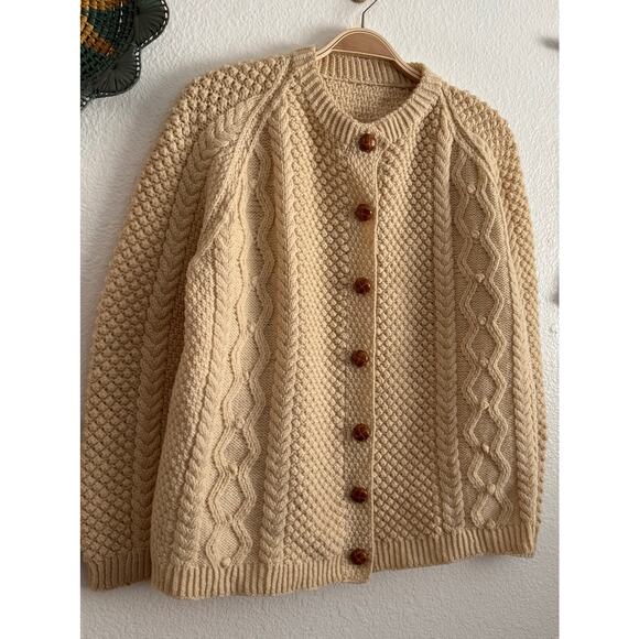 One-Of-A-Kind Handmade Beige Fisherman's Cable Knit Cardigan Sweater - Picture 3 of 5